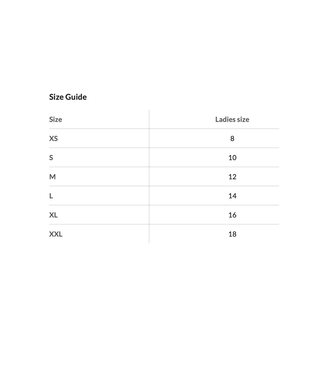 Size guide for ladies' clothing with size conversion to UK sizes.