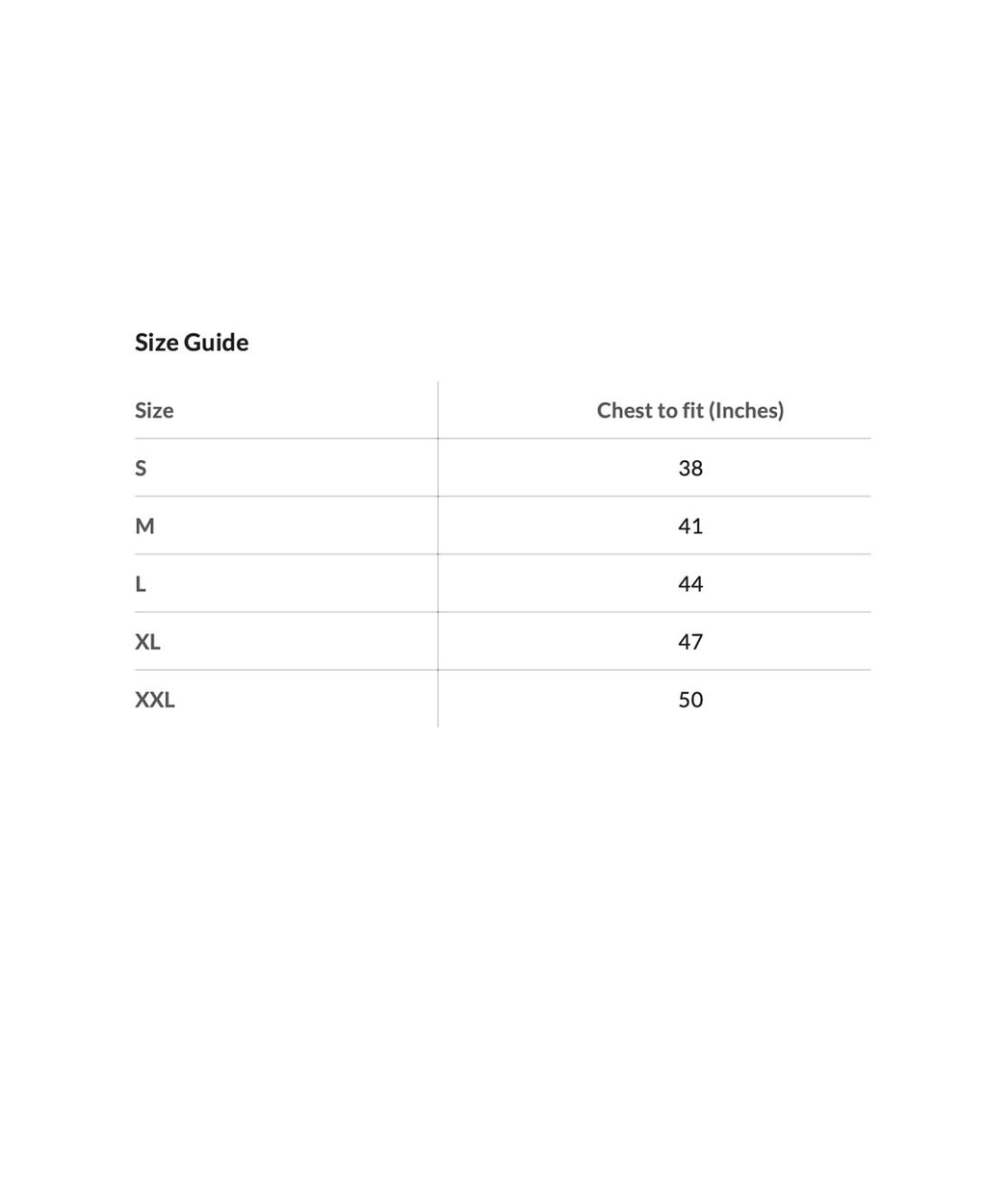Size guide chart for clothing with chest measurements in inches.