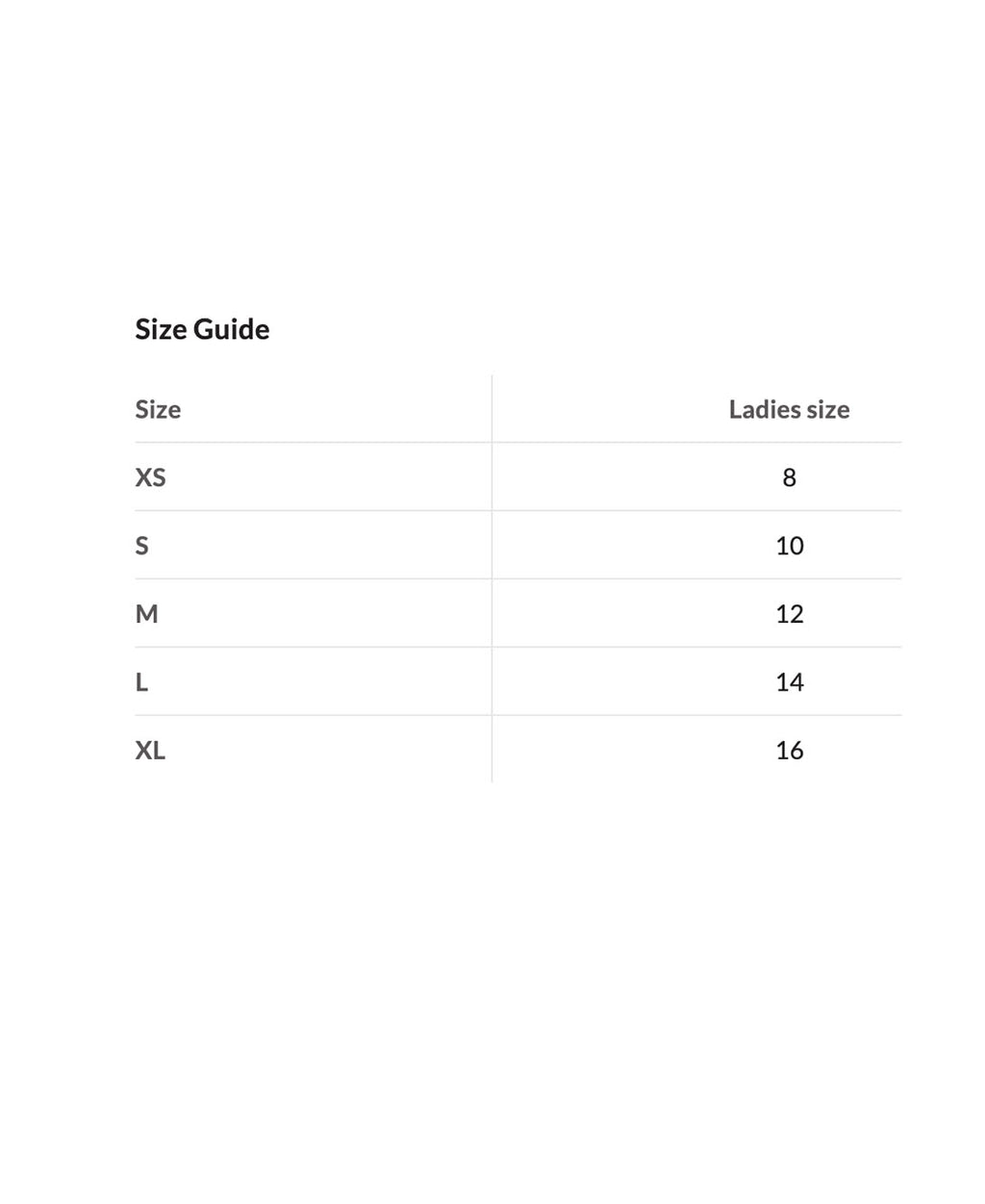 Size guide for ladies' clothing with size conversions on a white background