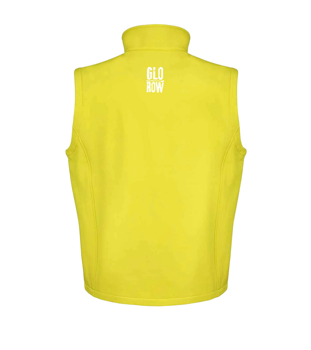 Yellow vest with 'Glo Row' logo on the back against a white background
