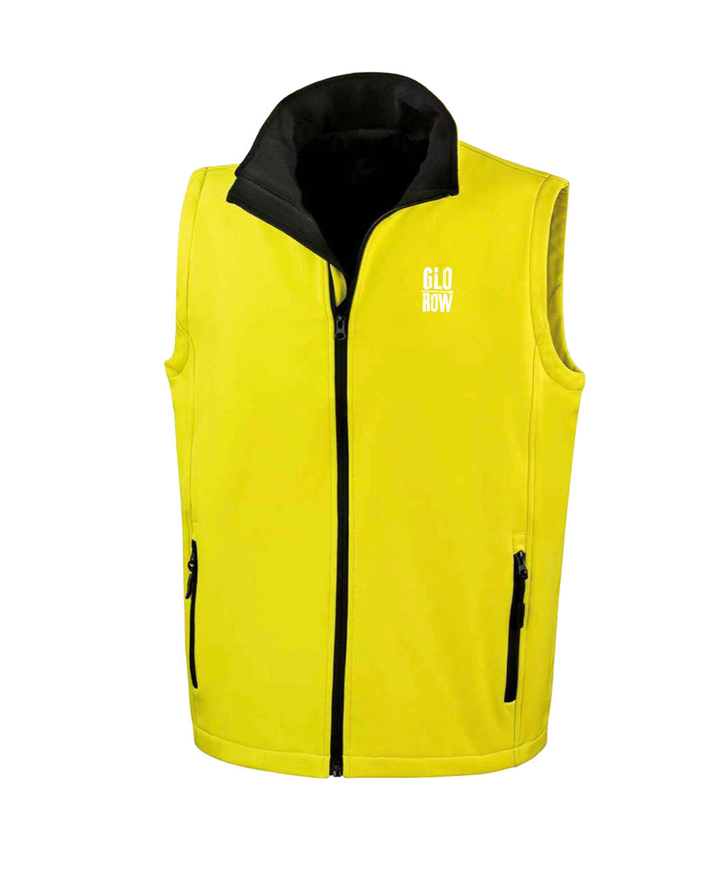 Yellow rowing vest with black collar and zipper on a white background