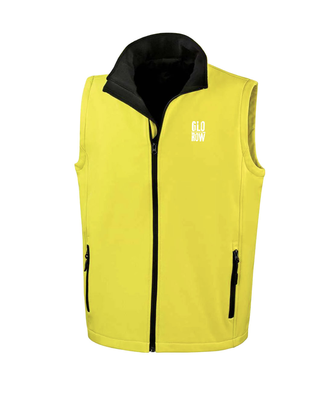 Yellow rowing vest with black collar and zipper on a white background