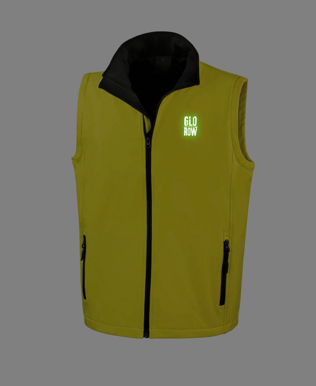 Yellow vest with black collar and visible Glo Row logo 