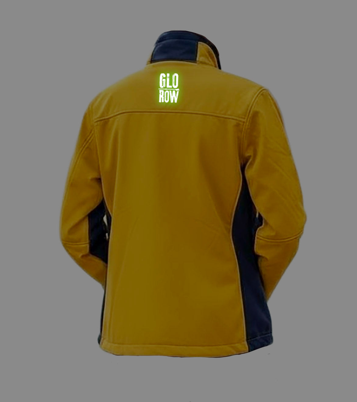 Yellow jacket with 'GLO Row' text on the back glowing in the dark