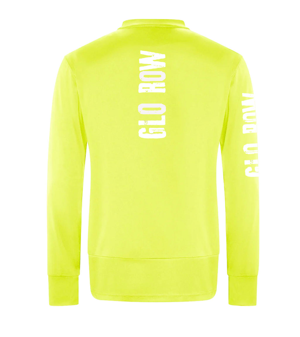 Neon yellow performance top with text on the back on a white background