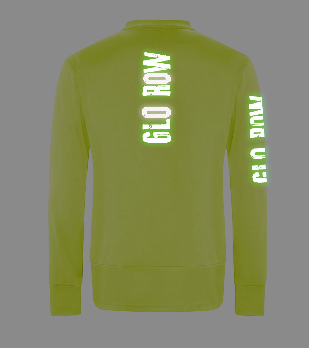 yellow performance top with reflective text on a gray background