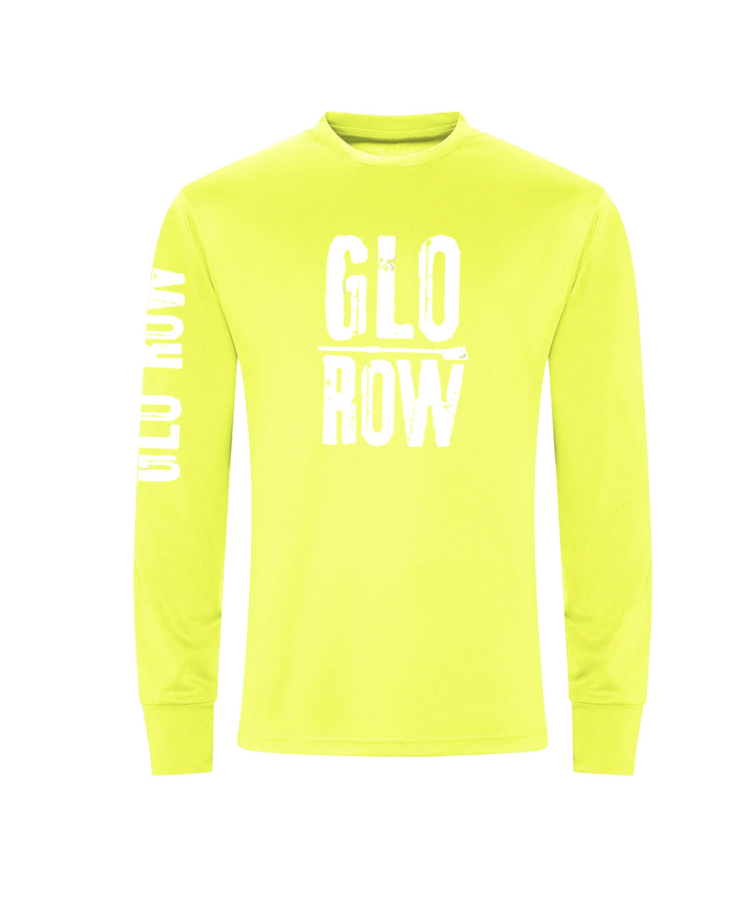 Neon yellow long-sleeve shirt with 'GLOROW' text on a white background