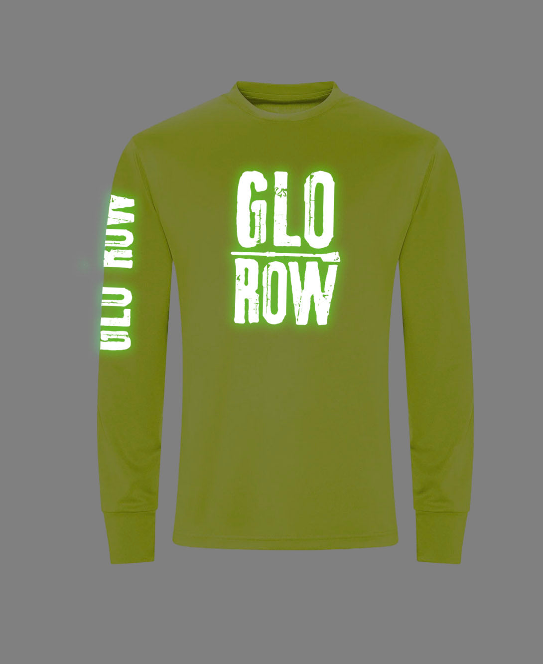 yellow long-sleeve shirt with Glow in the dark 'GLO ROW' text in the dark