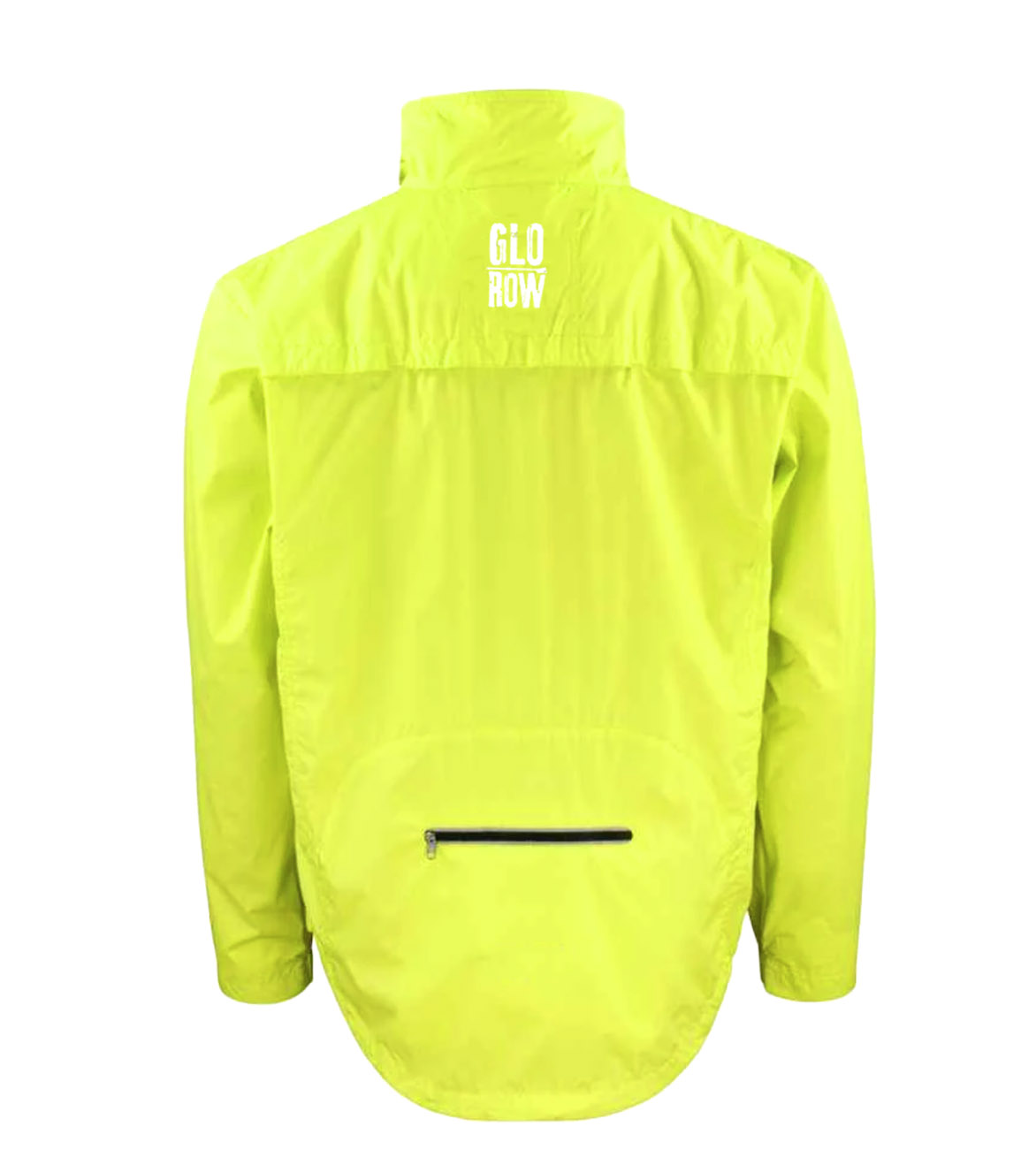 Fluorescent yellow jacket with a brand logo of Glo Row on the back against a white background