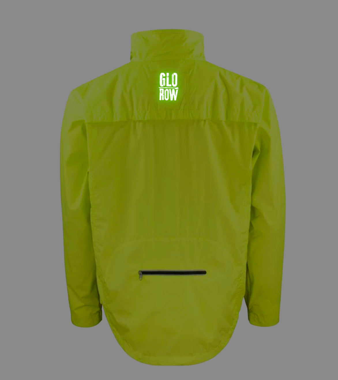 Neon Yellow jacket with 'Glo Row' text on the back glowing in the dark