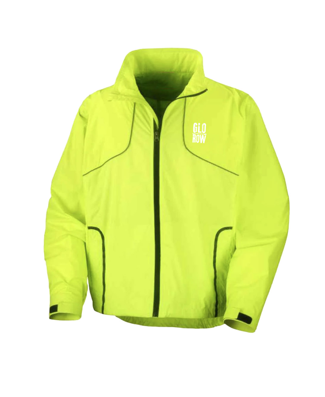Fluorescent yellow jacket with black accents on a white background