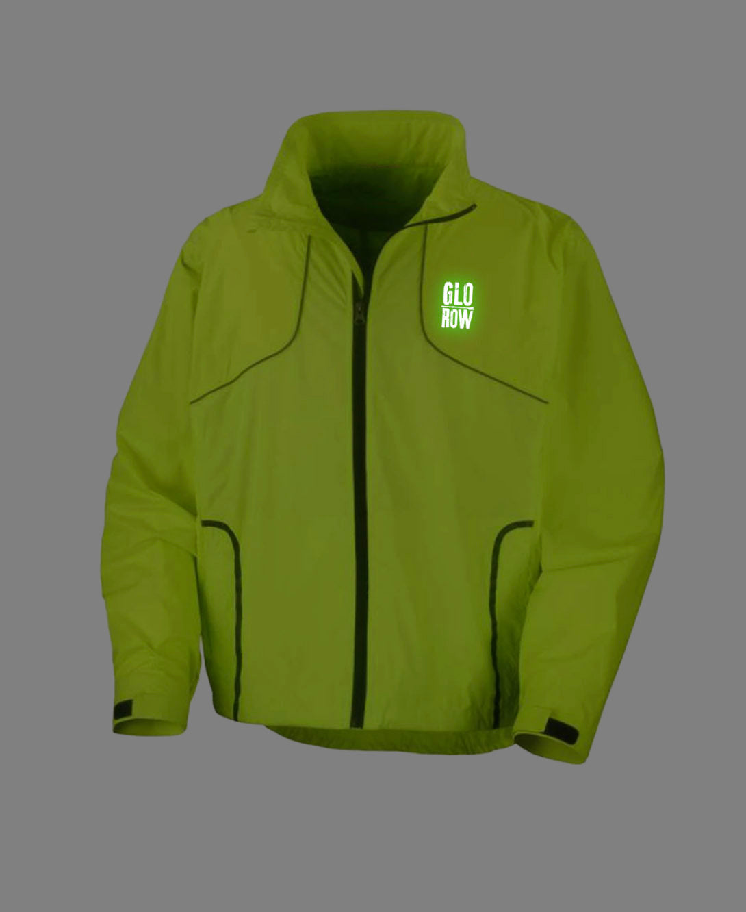 Neon Yellow jacket with a visible brand Glow in the dark logo 