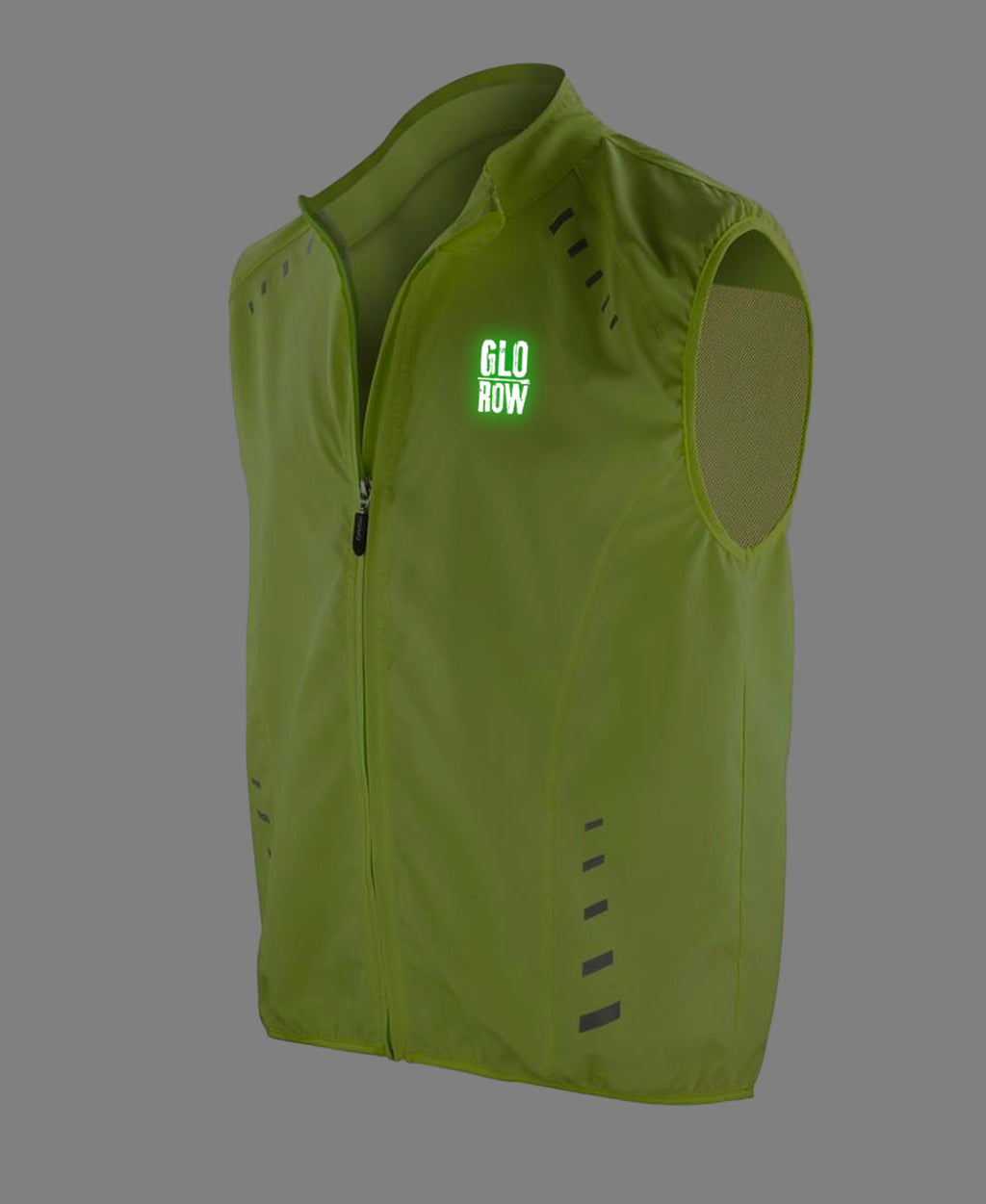 Yellow reflective vest with 'GLO ROW' text Glowing in the dark