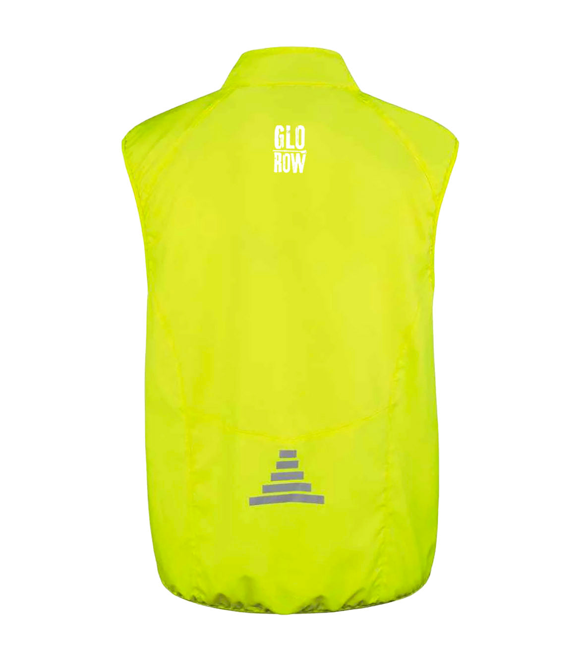 Yellow reflective rowing gilet with 'Glo Row' branding on a white background