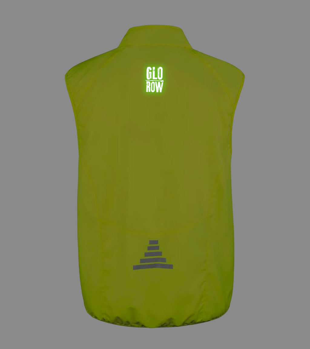Fluorescent yellow vest with 'Glo Row' text on the back glowing in the dark