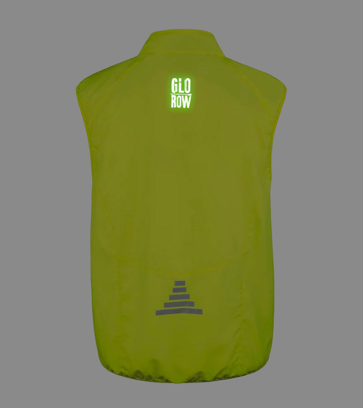Fluorescent yellow vest with 'Glo Row' text on the back glowing in the dark