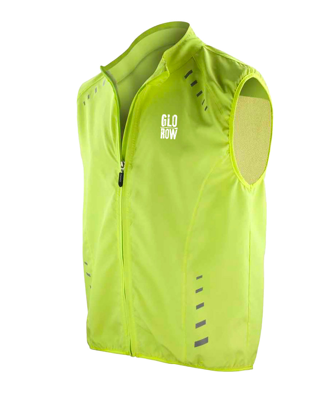 Yellow waterproof rowing gilet with 'GLO ROW' branding on a white background