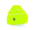 Bright yellow beanie with a black label on a white background