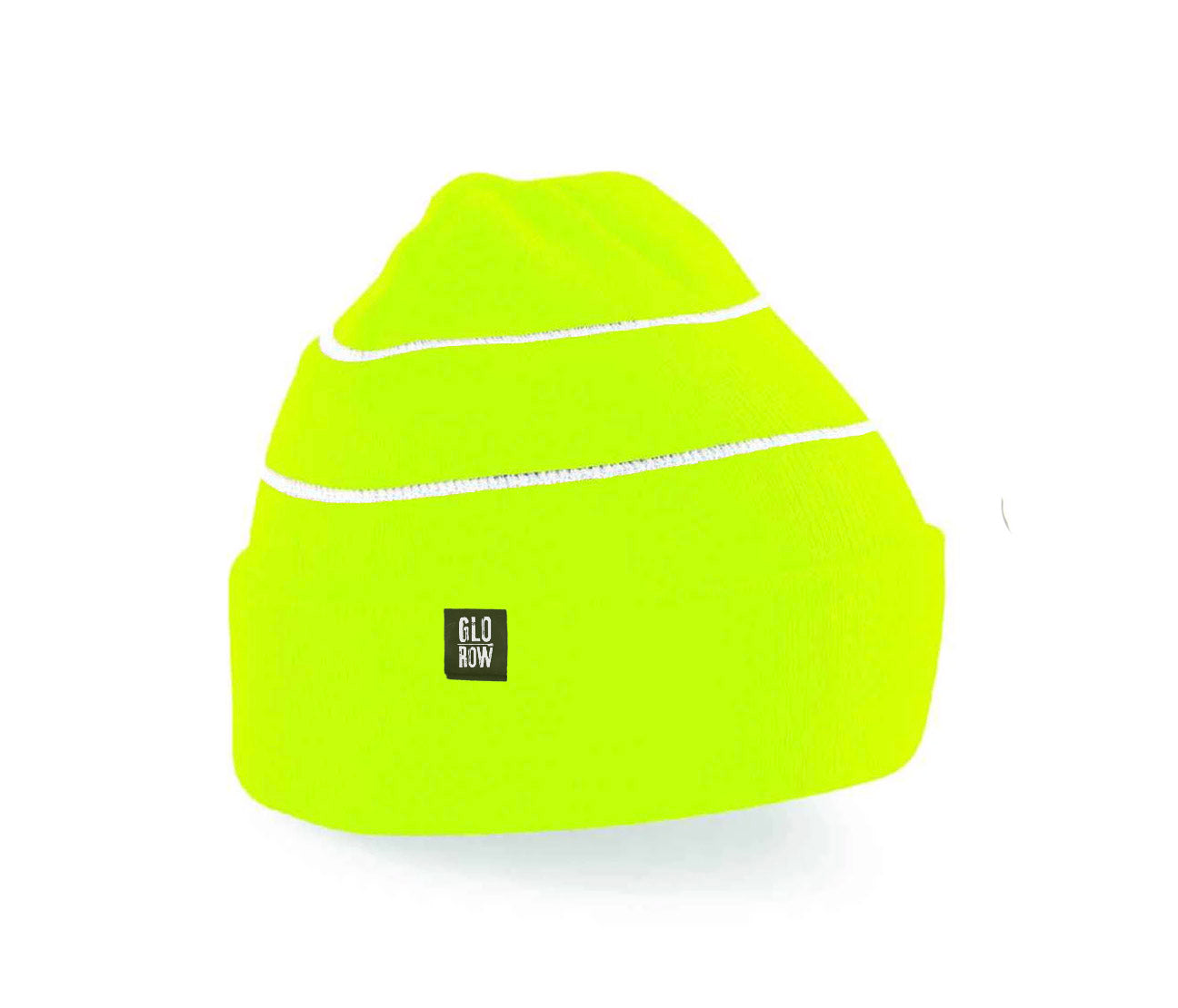 Bright yellow beanie with a black label on a white background